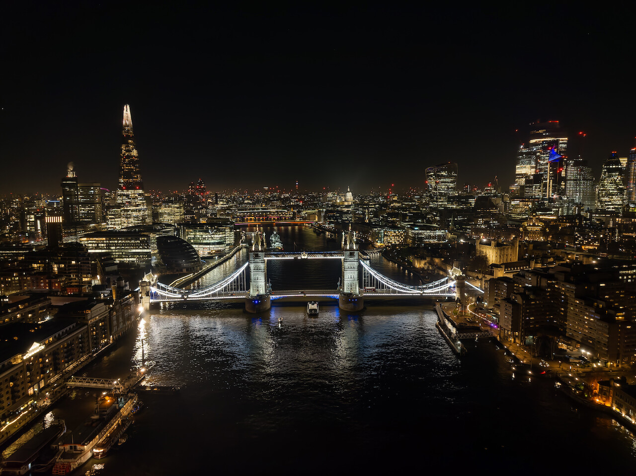 Tower Bridge In London At Night Photos By Drone Grey Arrows Drone Tower Bridge In London At Night Photos By Drone Grey Arrows Drone